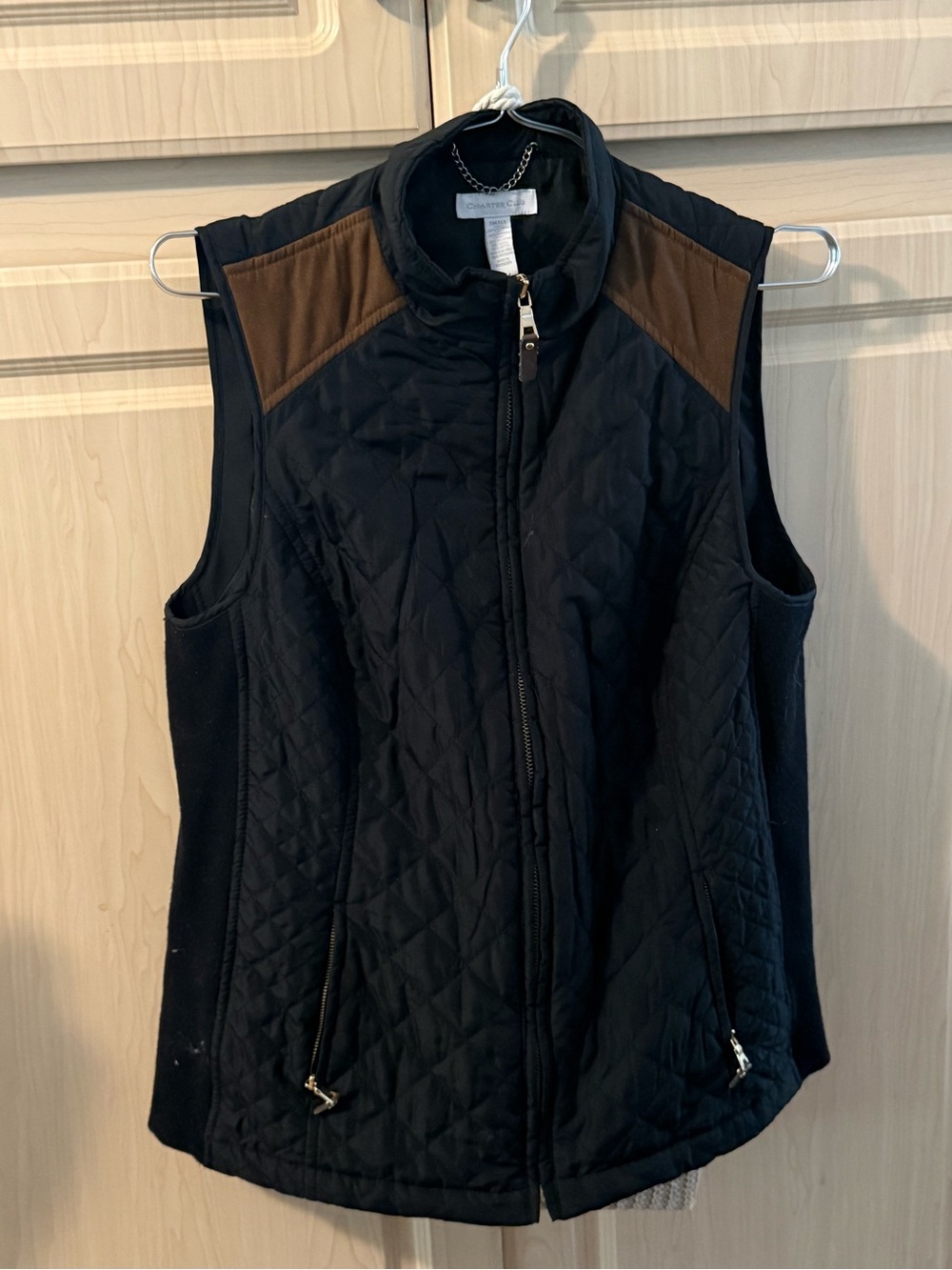 Charter Club Black Quilted Vest with Brown Shoulder Panels and Zip Pockets